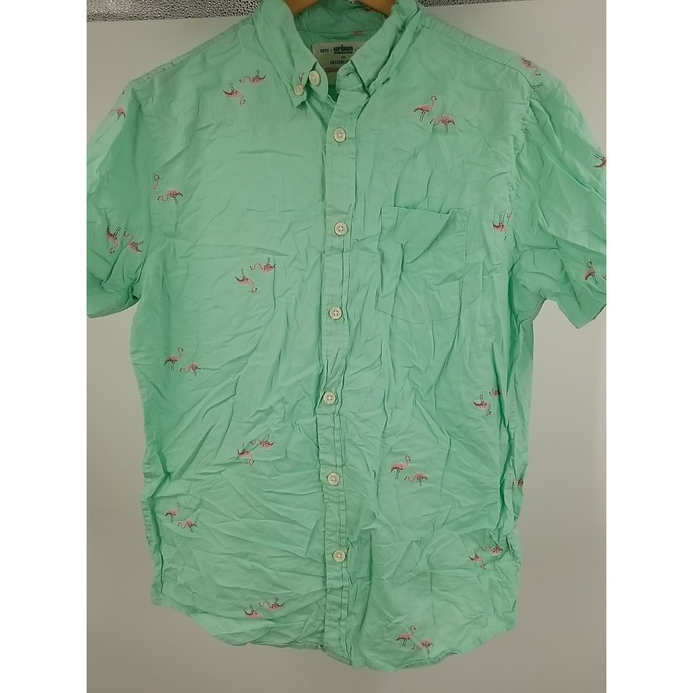 Urban Pipeline Mens Medium Aqua‎ Flamingo Print Button Up Shirt Short Sleeve